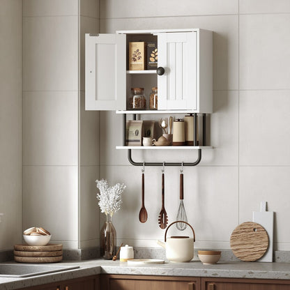 HOOBRO Bathroom Cabinet, Bathroom Wall Cabinet with Double Doors, Adjustable Shelves and Towel Bar, Wooden Storage Cupboard, Wall Mounted Towel Storage Organizer for Kitchen