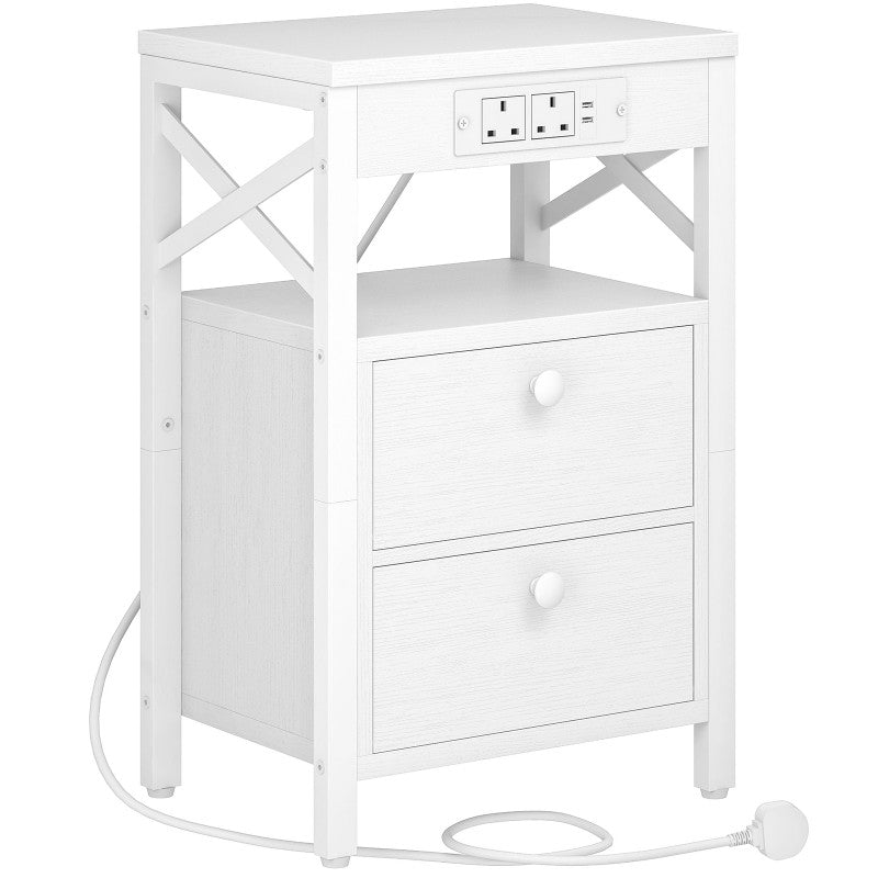 HOOBRO Wooden Bedside Table with Charging Station, X-shaped End Table with 2 Wooden Drawers, Nightstand with 2 USB Ports and 2 AC Outlets, 38 x 28 x 60 cm