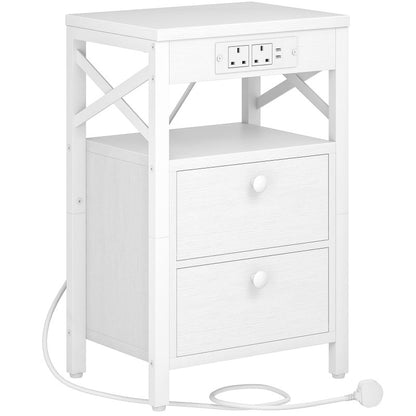 HOOBRO Wooden Bedside Table with Charging Station, X-shaped End Table with 2 Wooden Drawers, Nightstand with 2 USB Ports and 2 AC Outlets, 38 x 28 x 60 cm
