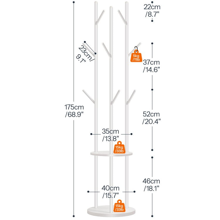 HOOBRO Coat Stand, Coat Rack for Hallway, Freestanding Coat Rack Stand with 8 Hooks, Storage Shelves, Hall Trees for Clothes