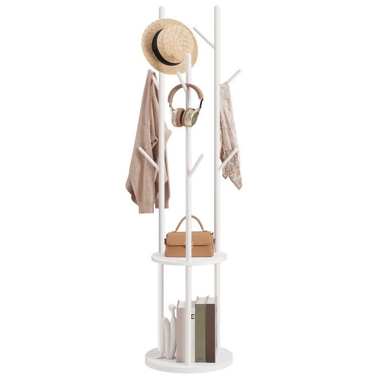 HOOBRO Coat Stand, Coat Rack for Hallway, Freestanding Coat Rack Stand with 8 Hooks, Storage Shelves, Hall Trees for Clothes