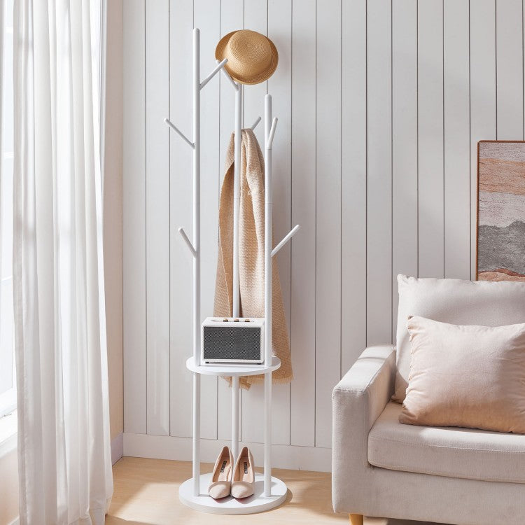 HOOBRO Coat Stand, Coat Rack for Hallway, Freestanding Coat Rack Stand with 8 Hooks, Storage Shelves, Hall Trees for Clothes