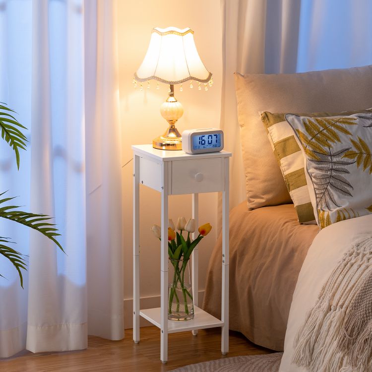 HOOBRO Slim Bedside Tables with Drawer, Small Side Table with Metal Frame, Tall Telephone Table for Small Spaces, Narrow Nightstand, Sturdy