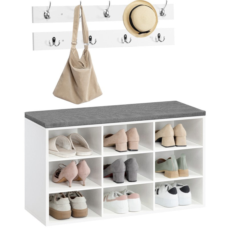 HOOBRO Shoe Storage Bench with Cushion and Coat Hooks, Shoe Rack Bench with Padded Seat, 80 cm Coat Rack for Hallway, 9 Compartments, Storage Cabinet for Bedroom, Living Room