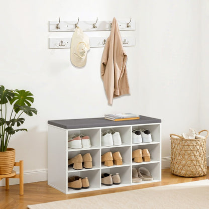 HOOBRO Shoe Storage Bench with Cushion and Coat Hooks, Shoe Rack Bench with Padded Seat, 80 cm Coat Rack for Hallway, 9 Compartments, Storage Cabinet for Bedroom, Living Room