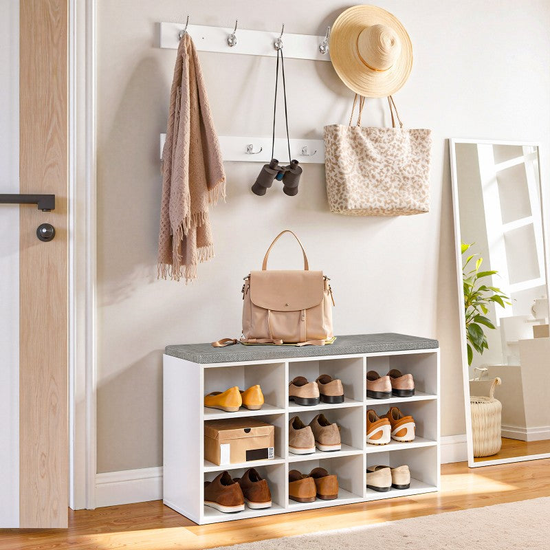 HOOBRO Shoe Storage Bench with Cushion and Coat Hooks, Shoe Rack Bench with Padded Seat, 80 cm Coat Rack for Hallway, 9 Compartments, Storage Cabinet for Bedroom, Living Room