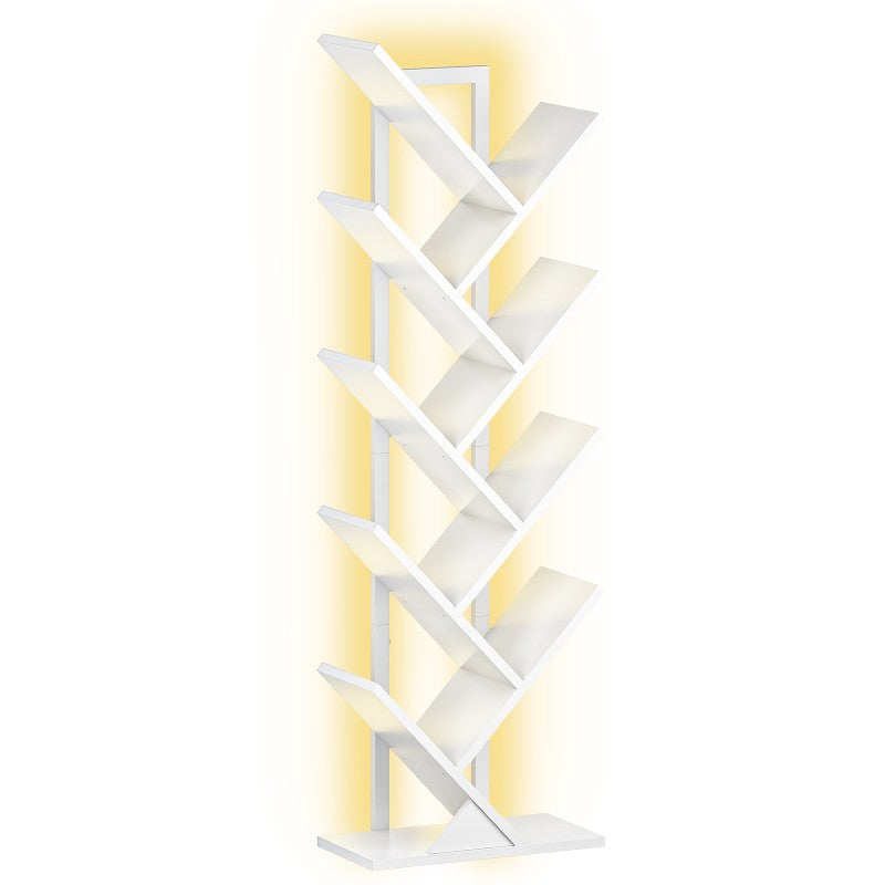 HOOBRO 9-Tier Tree Bookshelf with LED Lights, Floor Standing Book Shelf, Modern Wooden Bookcase with Metal Frame, for Books, CD, Living Room, Bedroom, Office