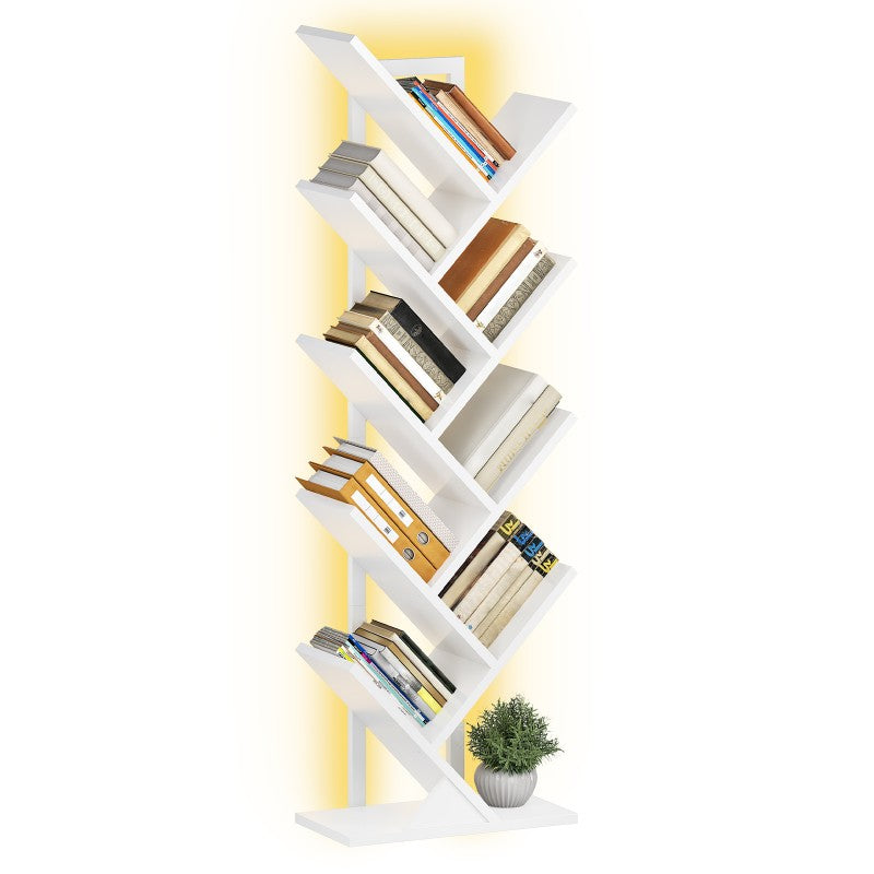 HOOBRO 9-Tier Tree Bookshelf with LED Lights, Floor Standing Book Shelf, Modern Wooden Bookcase with Metal Frame, for Books, CD, Living Room, Bedroom, Office