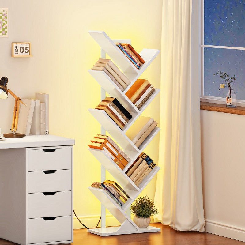 HOOBRO 9-Tier Tree Bookshelf with LED Lights, Floor Standing Book Shelf, Modern Wooden Bookcase with Metal Frame, for Books, CD, Living Room, Bedroom, Office
