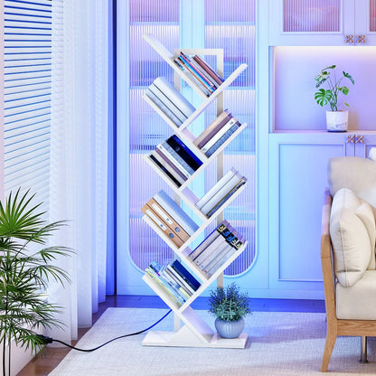 HOOBRO 9-Tier Tree Bookshelf with LED Lights, Floor Standing Book Shelf, Modern Wooden Bookcase with Metal Frame, for Books, CD, Living Room, Bedroom, Office