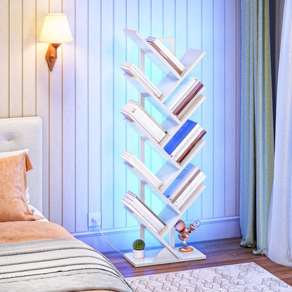 HOOBRO 9-Tier Tree Bookshelf with LED Lights, Floor Standing Book Shelf, Modern Wooden Bookcase with Metal Frame, for Books, CD, Living Room, Bedroom, Office