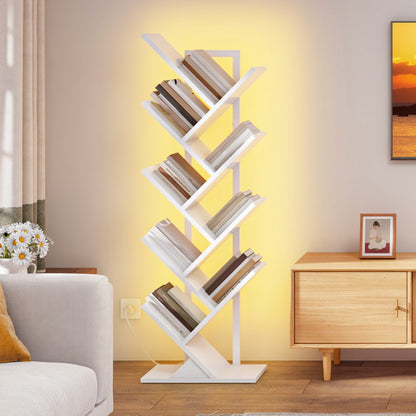 HOOBRO 9-Tier Tree Bookshelf with LED Lights, Floor Standing Book Shelf, Modern Wooden Bookcase with Metal Frame, for Books, CD, Living Room, Bedroom, Office