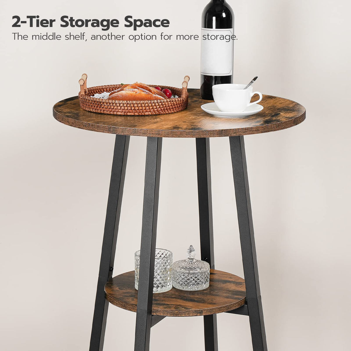 Close up of the bistro table middle storage shelf holding a bottle of red wine, coffee cups, and snack trays.