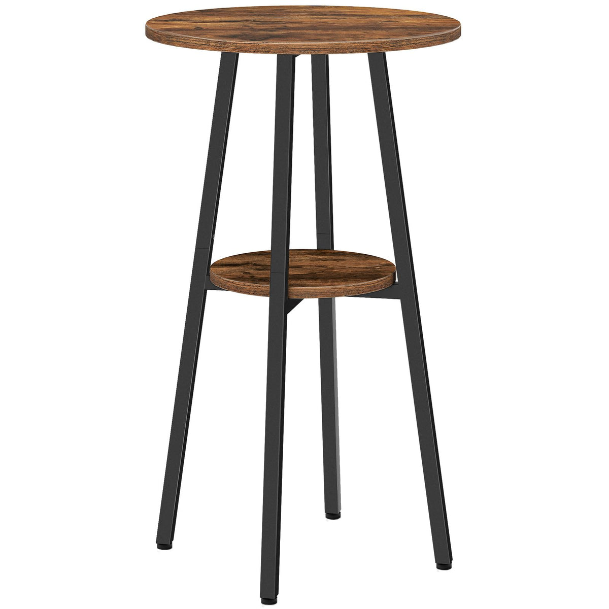 Industrial 3-leg round pub table with a middle storage shelf and a matte black metal frame.