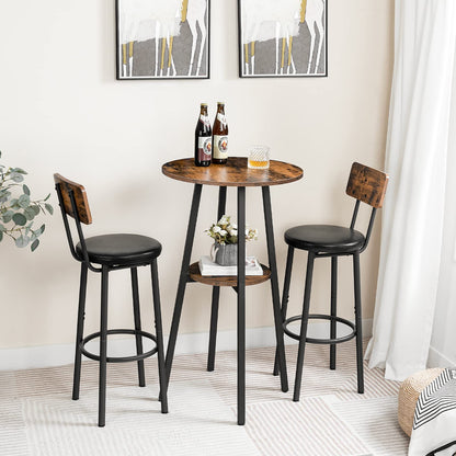 Minimalist pub table and chairs set arranged neatly against a modern living room wall holding beer bottles.