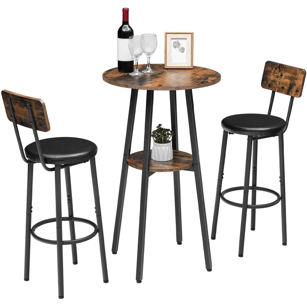 Industrial swivel cocktail table set with two matching rustic wood bar stools on a clean white background.