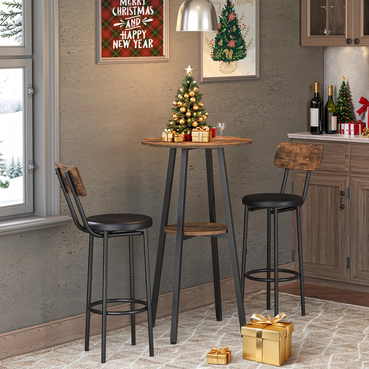 HOOBRO tall narrow bistro bar table paired with two padded industrial bar stools in a cozy kitchen corner.